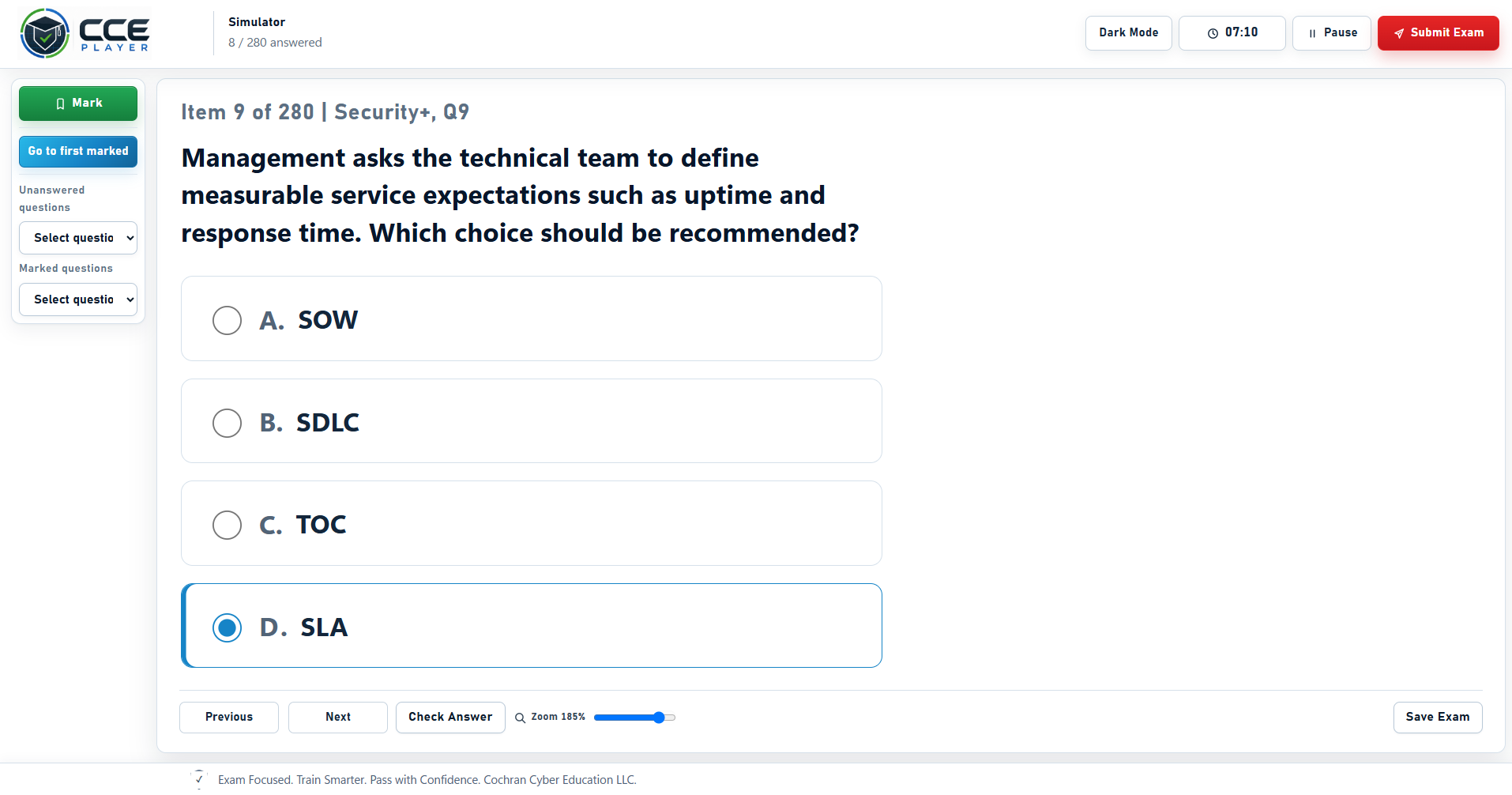 CCE Player question and answer choices enlarged with the zoom control